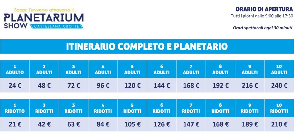 Tabella prezzi Planetarium show + Grotte di Castellana